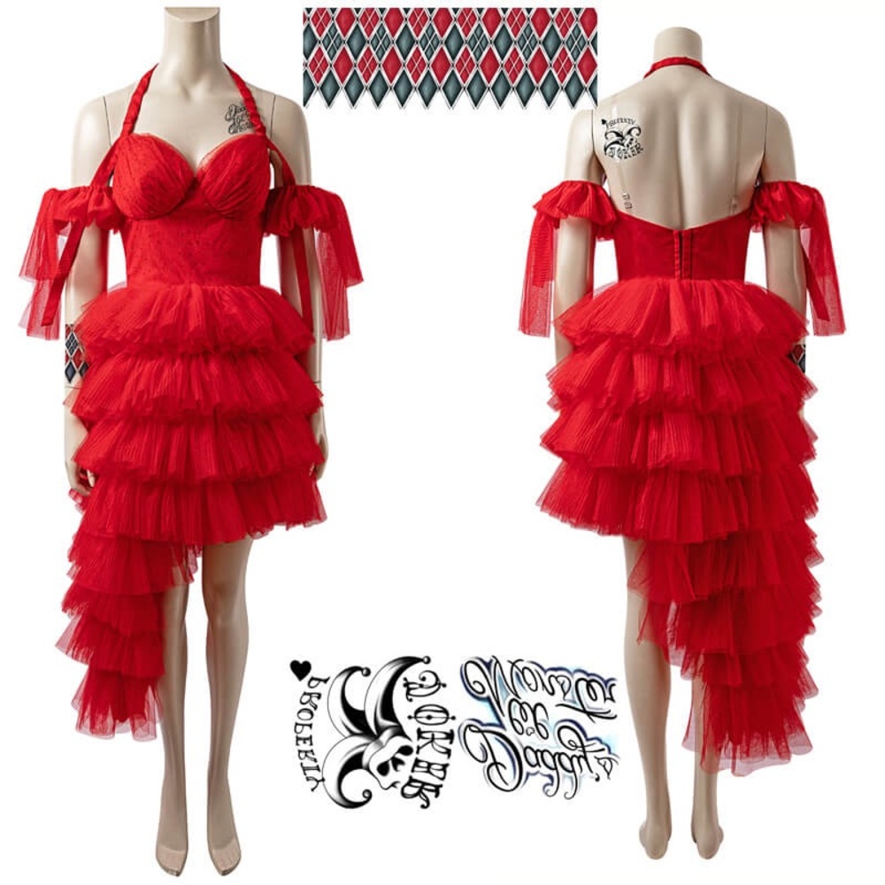 Costume Harley Quinn Suicide Squad Vibrant Red Layered Dress with Sleeve Ties